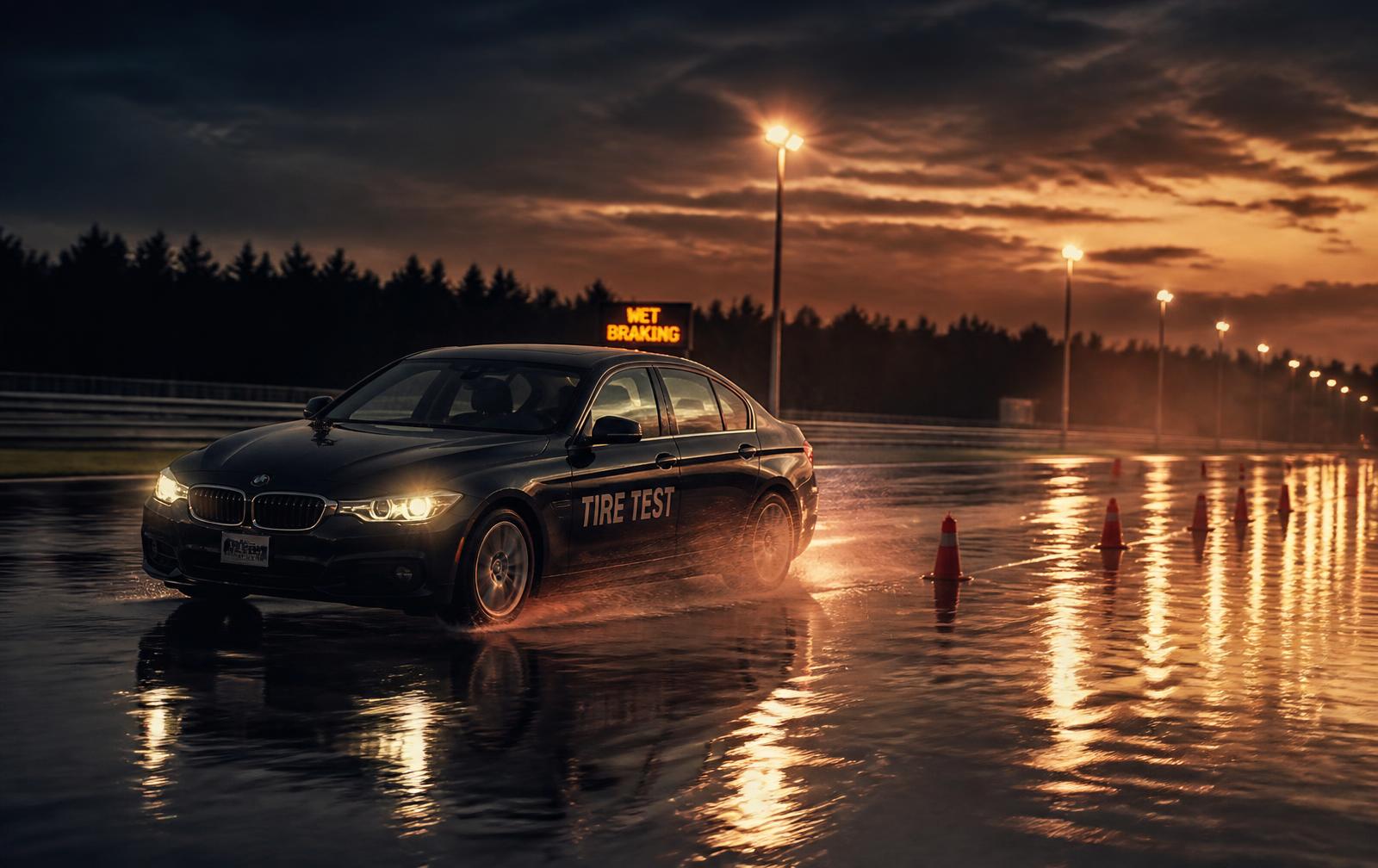 A test car performing a wet-braking run on a floodlit track at dusk